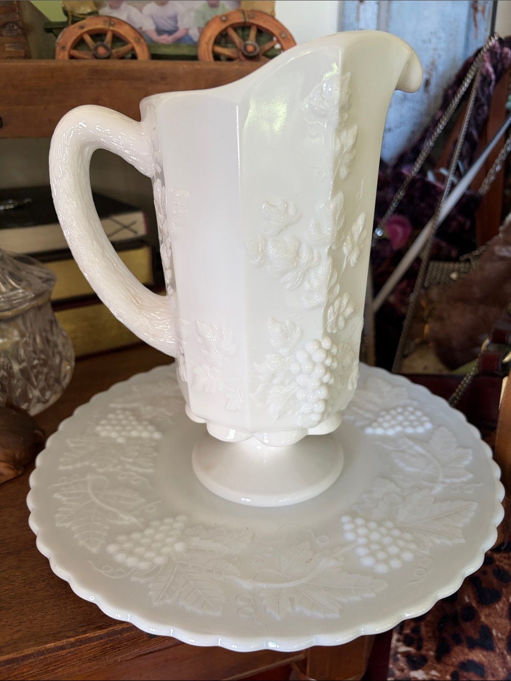 Westmoreland White Milk Glass Pitcher and Plate with Grape & Floral Relief
